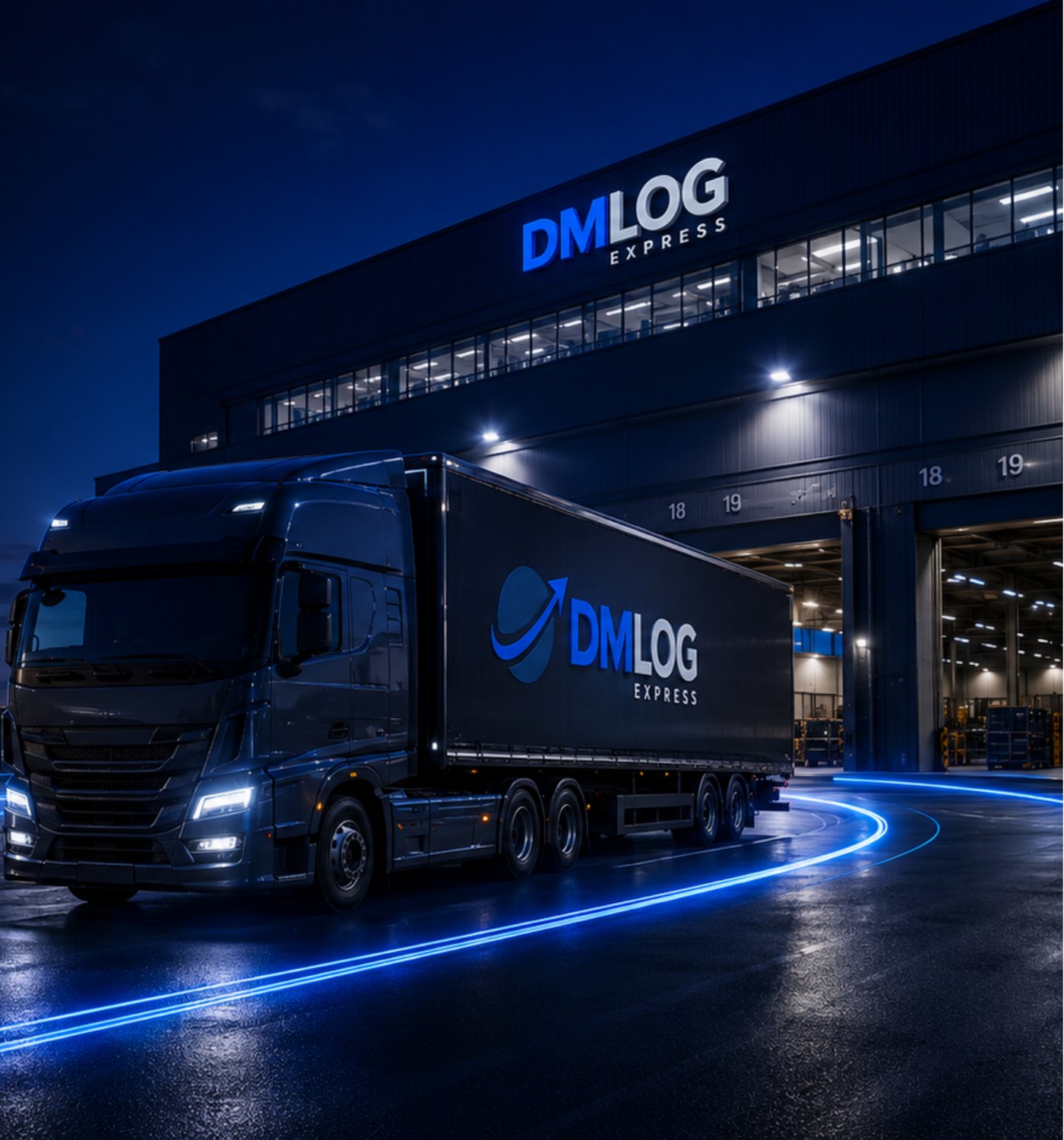 Caminhão da DMLog Express posicionado nas docas de um centro de distribuição à noite